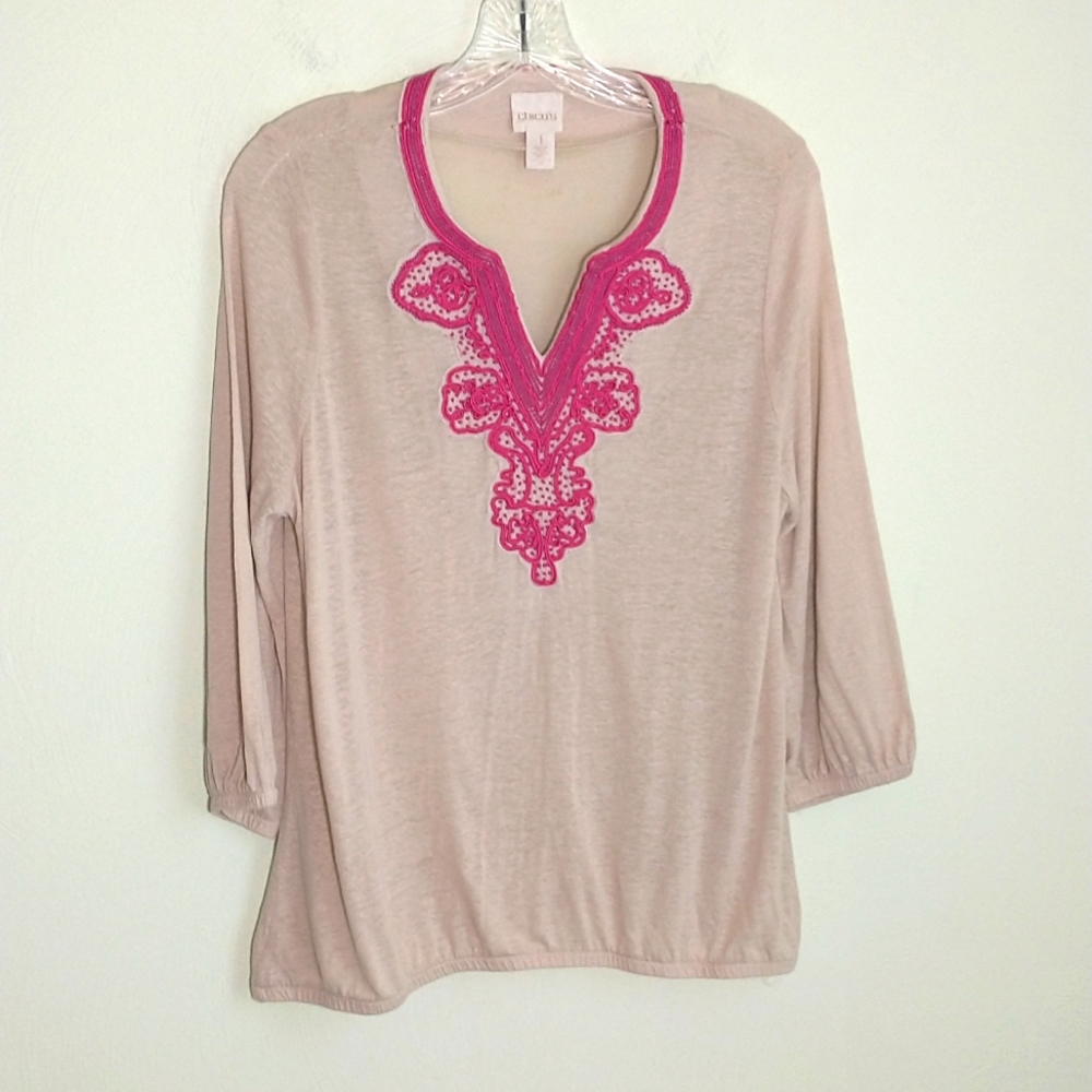 Chico's Linen blend 3/4 sleeve pullover v-neck top. M